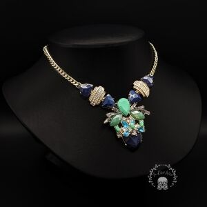 EGYPTIAN Revival Style Blue, Green, And Rhinestone Gold Toned Statement Chain